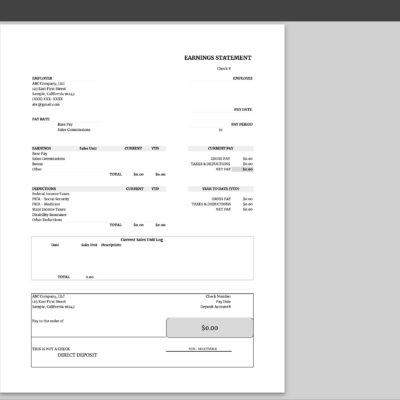 The sales commission earnings statement in the print settings window, ready to print on one page.